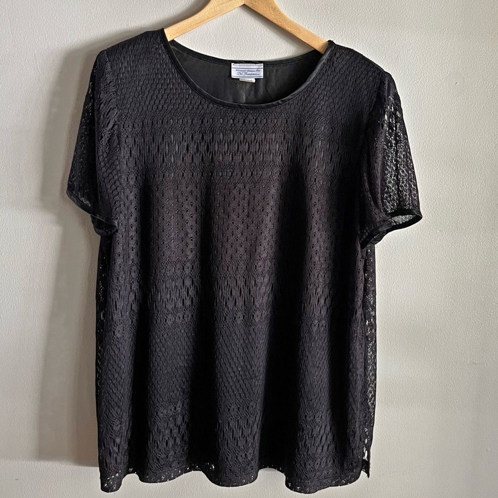 Vintage Black Lace Overlay Blouse Petite 16P 18P Lined Plus Top USA